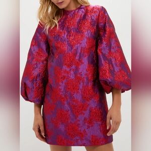 Textured Purple Mini Dress with Red Floral Jacquard